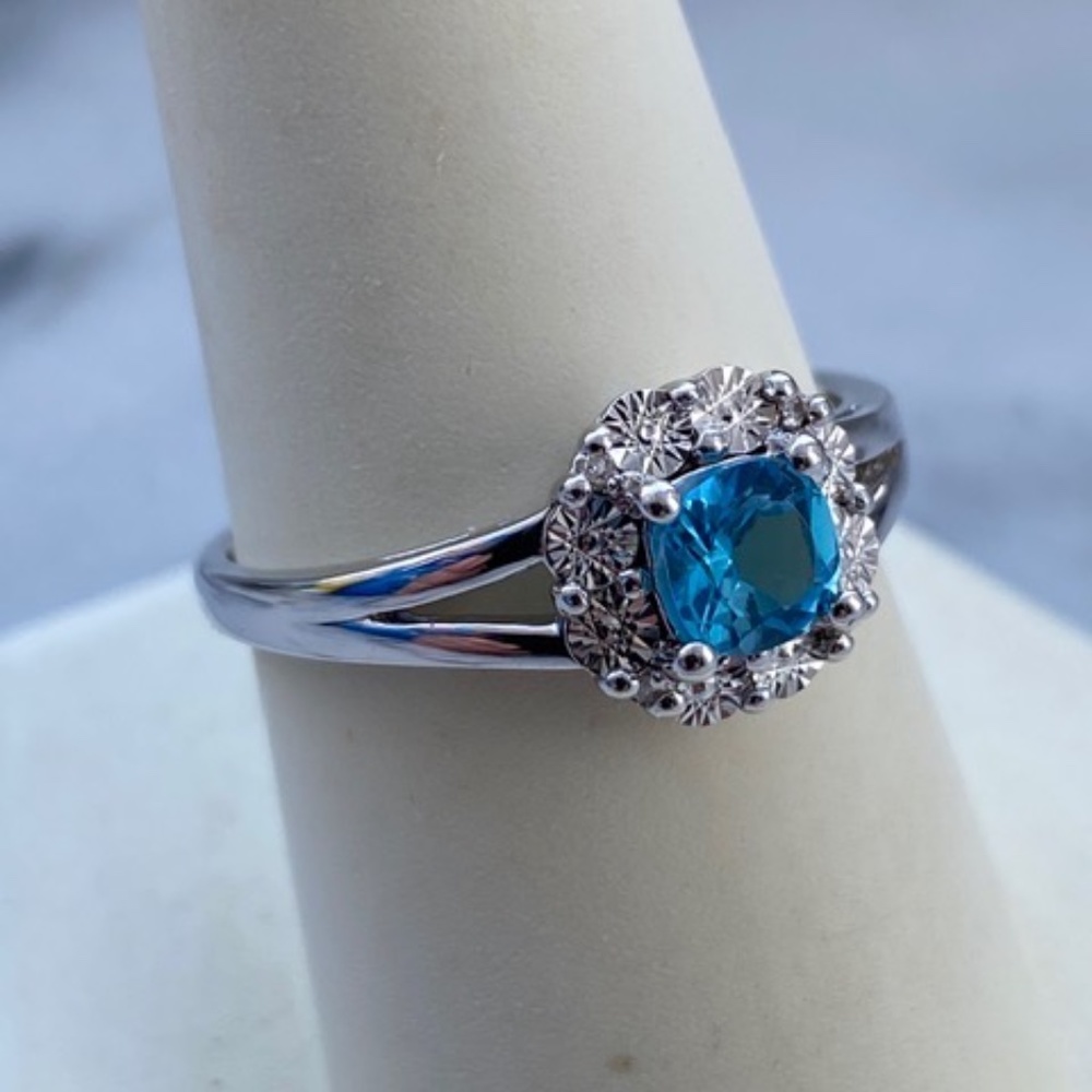 Genuine Diamond Blue Topaz Cushion Cut Ring - Picture 2 of 4